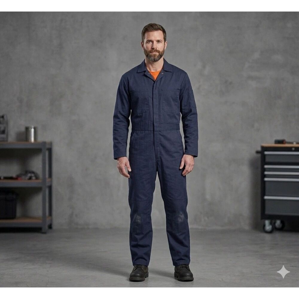 Red Kap Work Coveralls Mens Sz 36R Navy Boiler Suit Zip Front Mechanic Jumpsuit